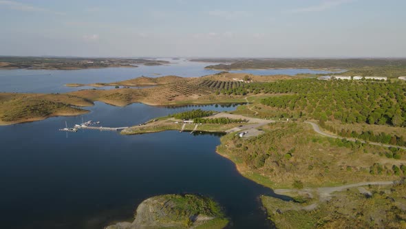 Aerial drone flying over Big Lake Alqueva, Portugal