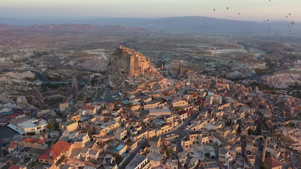 Aerial View of Uchisar Castle at Sunset