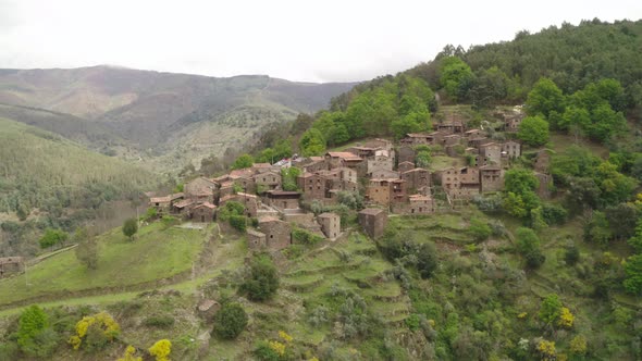 Aerial drone view of Talasnal xisto schist shale village in Lousa, Portugal