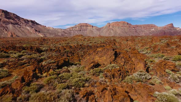 Aerial View of the Teide National Park Flight Over a Desert Rocky Surface