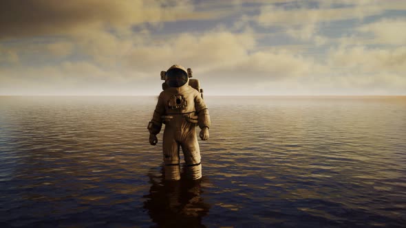 Spaceman in the Sea Under Clouds at Sunset