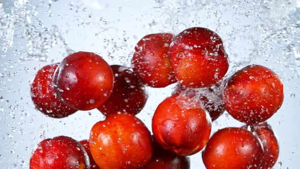 Super Slow Motion Shot of Flying Fresh Nectarines and Water Side Splash at 1000 Fps