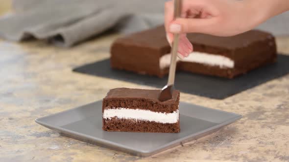 Women Eating Homemade Piece of Chocolate Cake