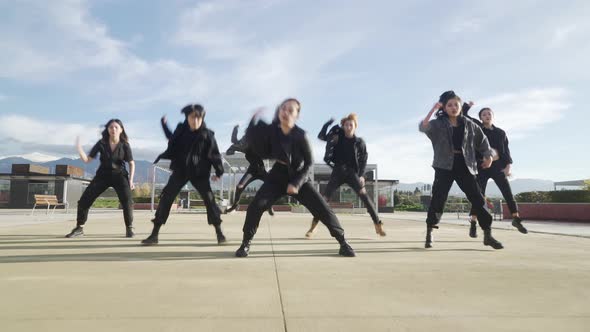 Young STREET PERFORMER performing on the street. Seven chinese teenagers dancing kpop