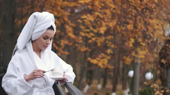 Woman Bathrobe Standing Balcony Beautiful View Forest Modern Hotel Room