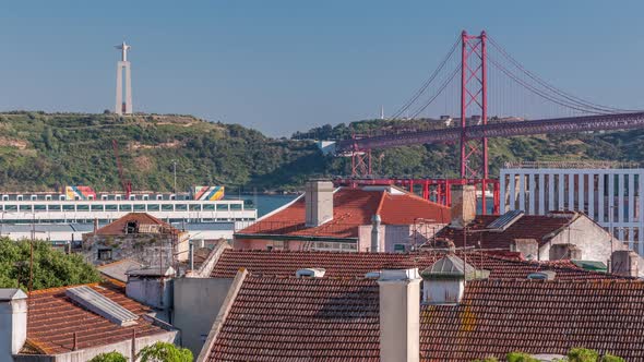 Aerial View Of Downtown Lisbon Skyline Of The Old Historical City Timelapse And 25 De Abril Bridge