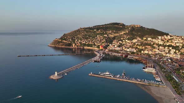 Lighthouse in Sunrıse moment aerial view Turkey Alanya 4 K