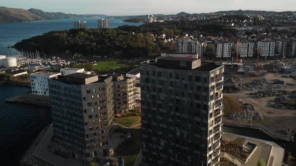 Aerial view of modern building by the sea with opening horison in Stavanger city of Norway