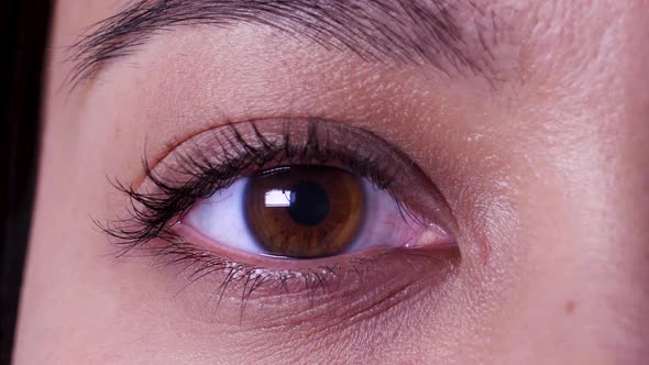 Extreme close up, opening asian female brown eye in slow motion, static