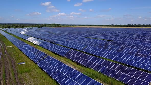 Drone Flight Fly Over Solar Panels Renewable Green Alternative Energy Concept