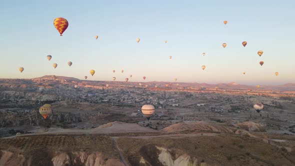 Aerial View Cappadocia Turkey  Balloons Sky