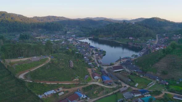 Aerial view of Ban Rak Thai village, chinese hotel resort, Mae Hong Son, Thailand. Nature