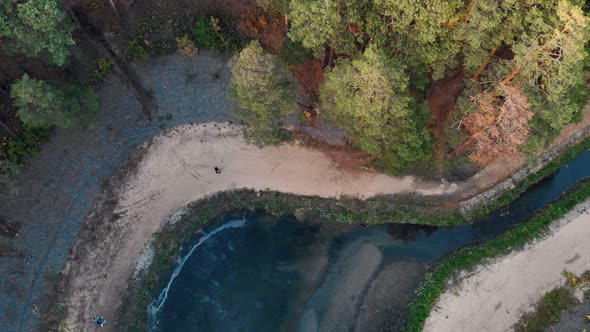 Autumn Park View From a Drone the Drone Descends to the River Between the Trees People Walk Along