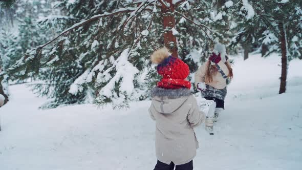 Happy children are playing in the forest in winter. Snowy background outdoors and two little girls