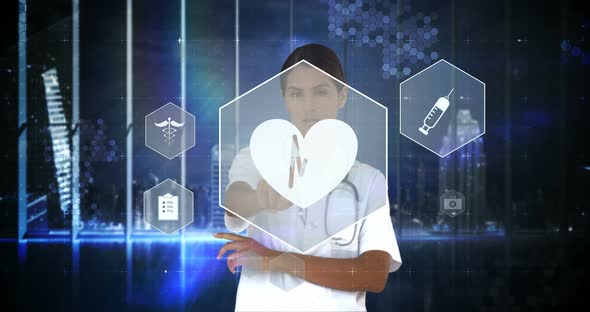Doctor touching virtual digital interface screen