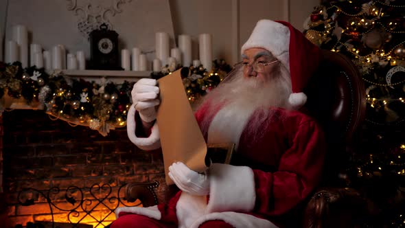 Santa Claus Reading Letter with List Gifts From Children for Christmas Holidays