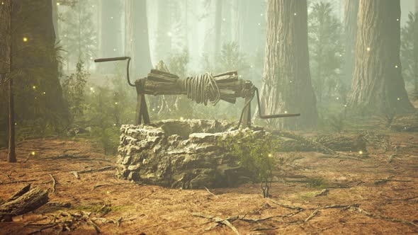 Old Stone Draw Well in the Forest with Fog