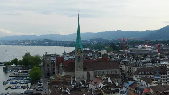 Aerial shot of Fraumunster and Sankt Peterkirche churches in Zurich, Switzerland