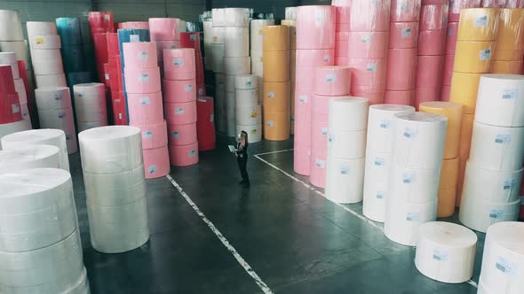 A Woman with a Laptop Is Observing a Storage Unit with Paper Rolls