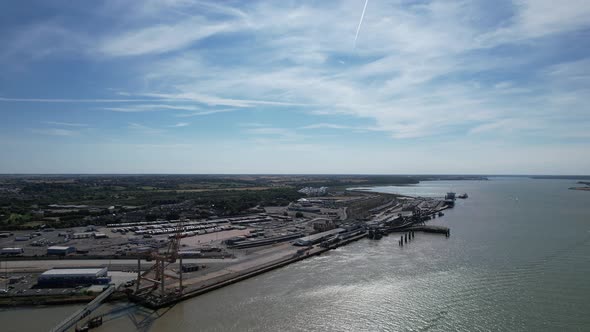 Harwich ferry terminal Essex UK drone aerial view Summer 4K footage