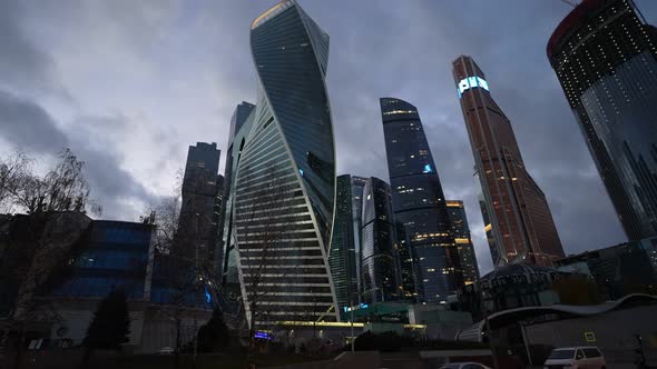 A Huge Business Center of Several Highrise Towers at Night