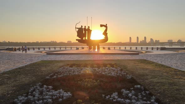 Symbol of Kyiv - a Monument To the Founders of the City in the Morning at Dawn. Ukraine. Aerial