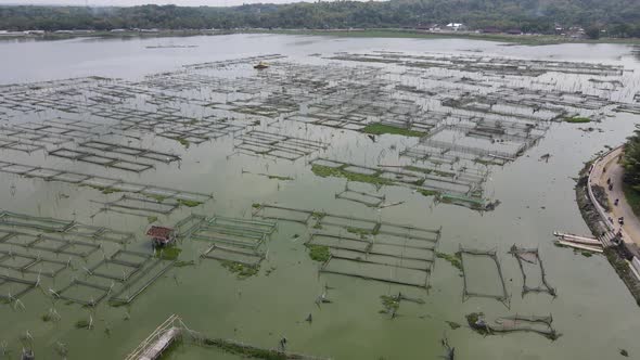 Aerial view of traditional floating fish pond on swamp in Indonesia