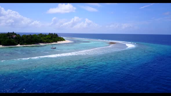 Aerial above sky of paradise coastline beach trip by shallow sea and white sandy background of a day