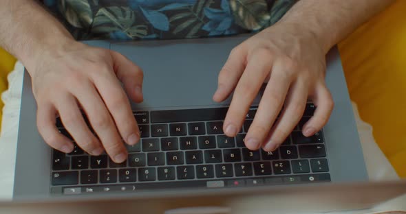 Man Freelancer Using Laptop Online Working in Internet, Guy Typing on Computer Surfing Web Looking