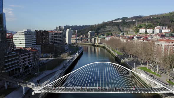 Drone view of Bilbao; beautiful cityscape of Basque country capital in sunny winter day