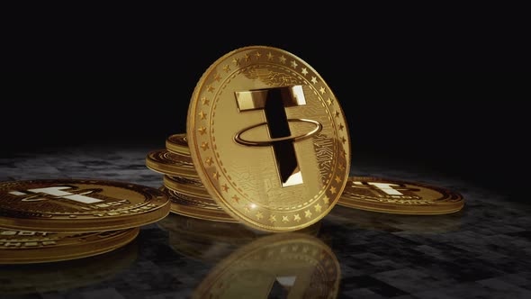 Tether USDT stablecoin cryptocurrency golden coin loop on digital screen
