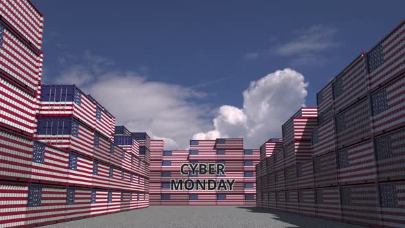 Containers with CYBER MONDAY Text and Flags of the USA