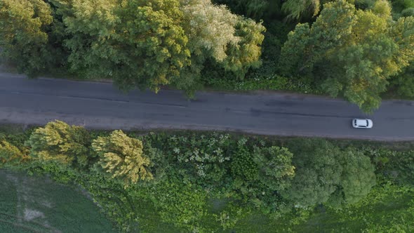 Aerial View Road Near Field At Sunset