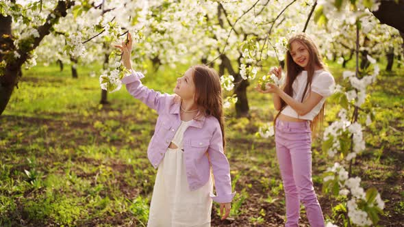 Two Longhaired Girls Sisters Walk in the Garden with Flowering Trees