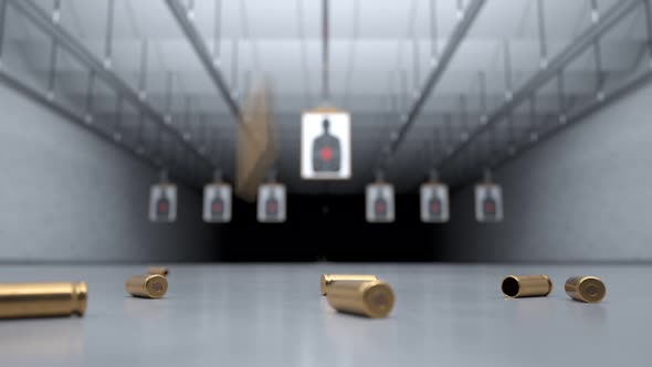 Shooting range with shells falling in front of camera. Target damaged by bullets