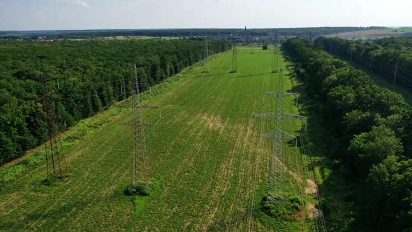 Pylons and electrical power lines. Aerial view of electrical power lines and towers