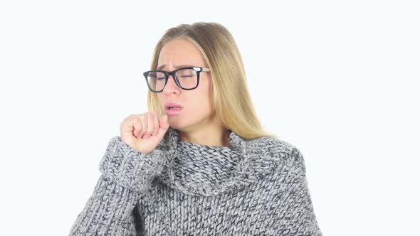 Sick Woman with Cough Coughing White Background