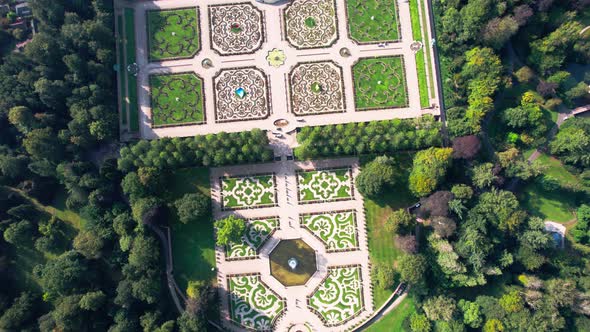 Palace gardens of the loo palace in Apledoor, Netherlands. Drone top down view of landscape architec