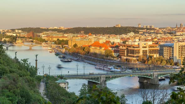 Aerial Sunset View of the Vltava River and Bridges Evening Timelapse Prague