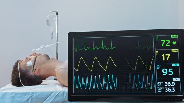 Stabilized Men in Oxygen Mask Sleeping, Intensive Care Hospital Unit, Surgery