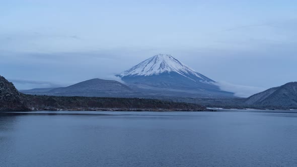 Time lapse of Lake Saiko, Fuji five lake.Mountain Fuji with snow in winter season