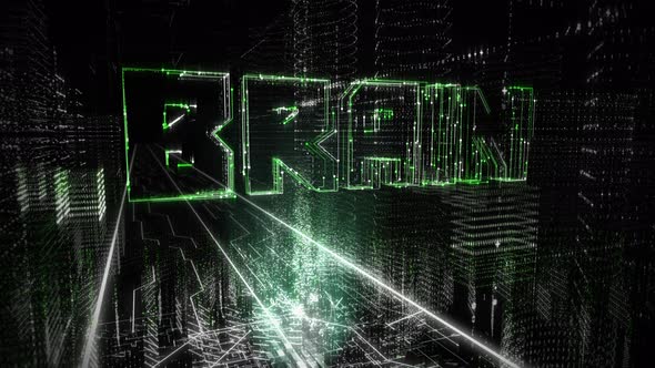 Projecting a transparent hologram of the word Brain in a virtual matrix reality alt