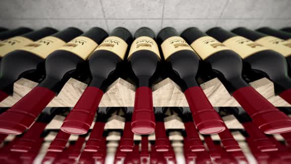Animation showing huge amount of wine bottles on the wooden shelve. Loopable. HD