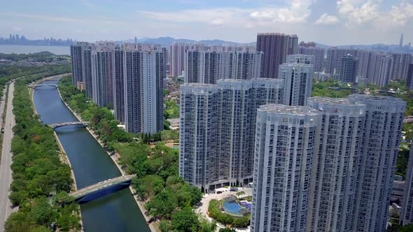 Drone fly over Hong Kong urban city