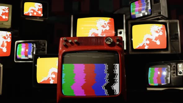 Bhutan flag on a Retro TV Wall.