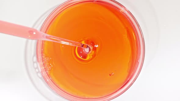 Transparent Red Fluid Oil From a From Pipettes Dripping Into Petri Dishes alt