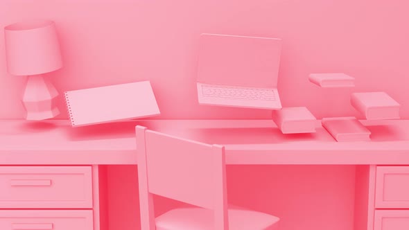 Female Pink Room Interior with Laptop and Lamp