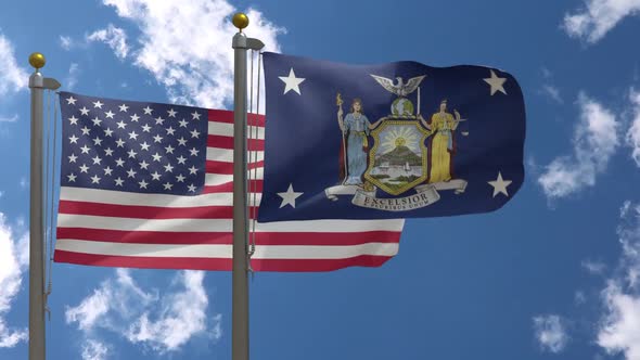 Usa Flag Vs Governor Of New York Flag  On Flagpole
