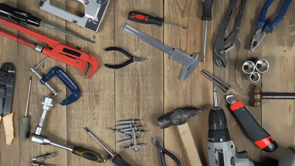 Animation of Various Tool To Promote Home Craftsman on Wooden Background