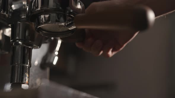 Slow Motion Closeup of Rinsing Espresso Coffee Machine in the Morning